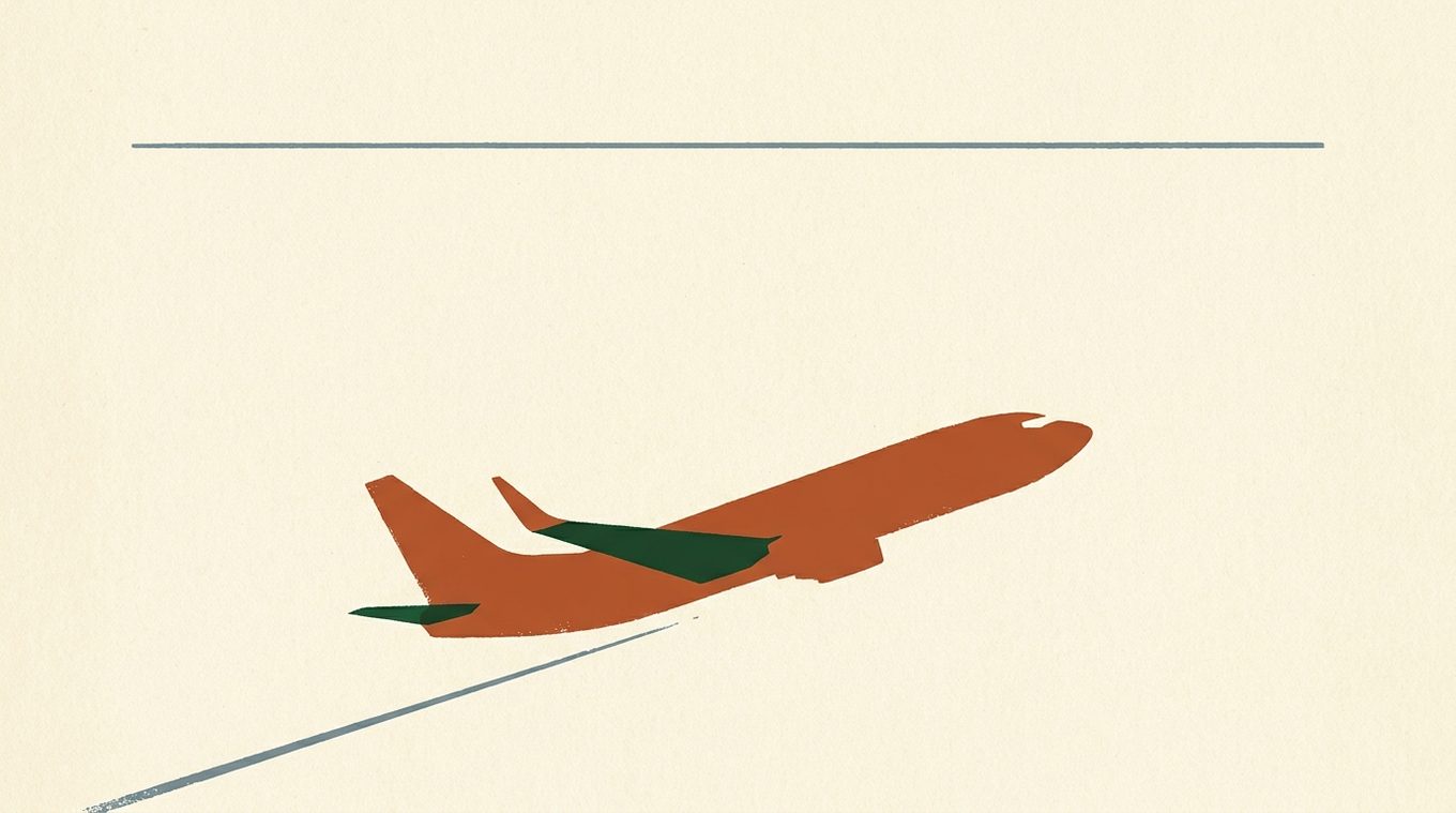 A single airliner climbing steeply, well below a thin horizontal line marking a cruising altitude it has not reached.