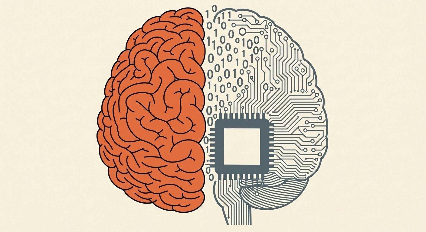 A stylized brain in profile, the left half organic neural matter in terracotta, the right half transitioning into a circuit board pattern in slate, with binary digits floating between. Mid-century editorial illustration on cream paper.